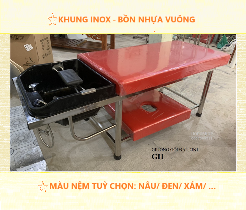 Giường gội đầu 2in1 INOX - Bồn nhựa vuông GI1